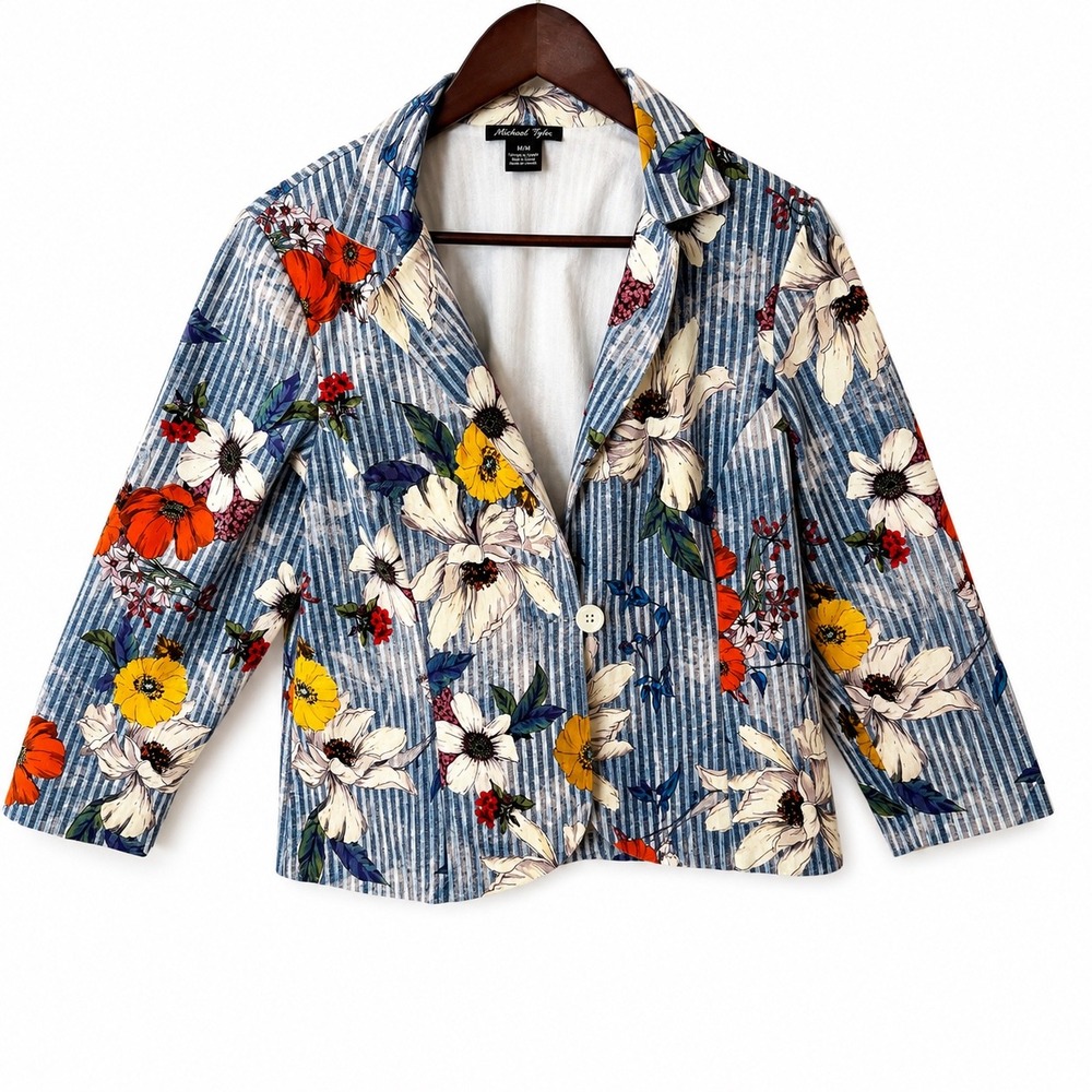 Michael Tyler Floral Striped Blazer Jacket Blue White Red Yellow Size M‎ 19S5524